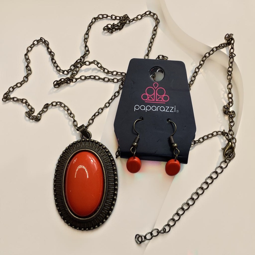 Paparazzi‎ Burnt Orange Oval Pendant Necklace and Drop Earrings Set Brass Tone